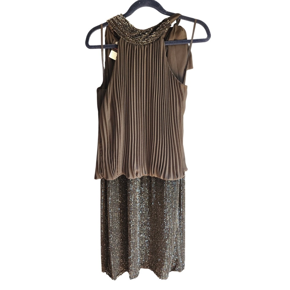 Mac Duggal Womens Gatsby Cocktail Dress Beaded Halter Pleated Sequin Size 10